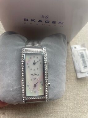 Skagen Silver Crystal-Trim Rectangular Watch with Mother-of-Pearl Dial